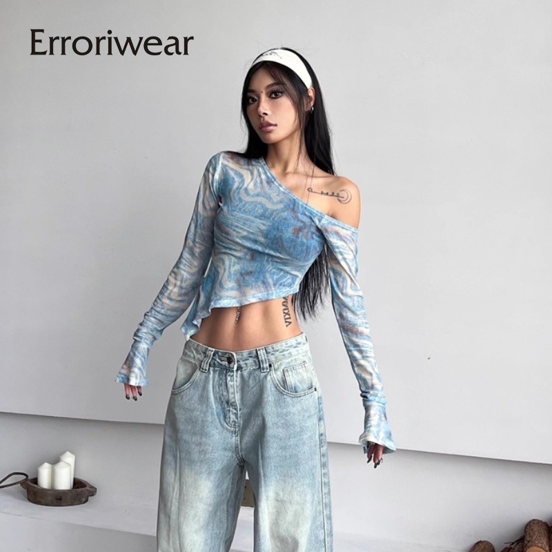 Errokiwear เสื้อยืดผู้หญิง 2024 All Macth ครีมกันแดดปิดไหล่แขนยาวไม่สม่ําเสมอตาข่ายด้านบน