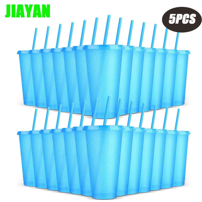 JIAYAN 5pcs plastic cups with lids straws reusable glitter sequin cups large capacity pp plastic str