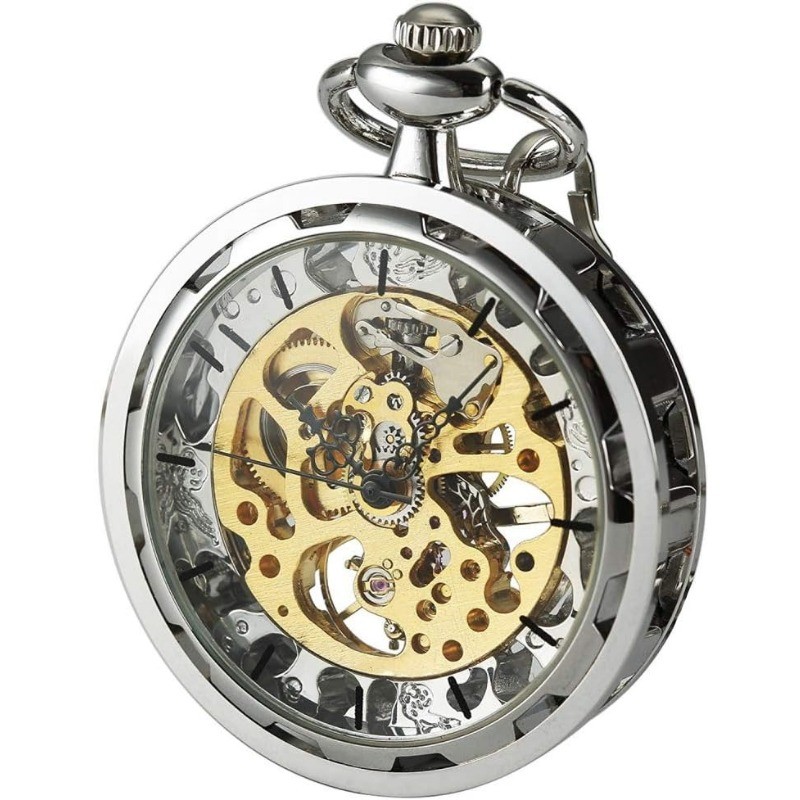 Mens Classic Steampunk Pocket Watch with Chain Skeleton Hand Wind Mechanical Pocket Watches for Men & Women