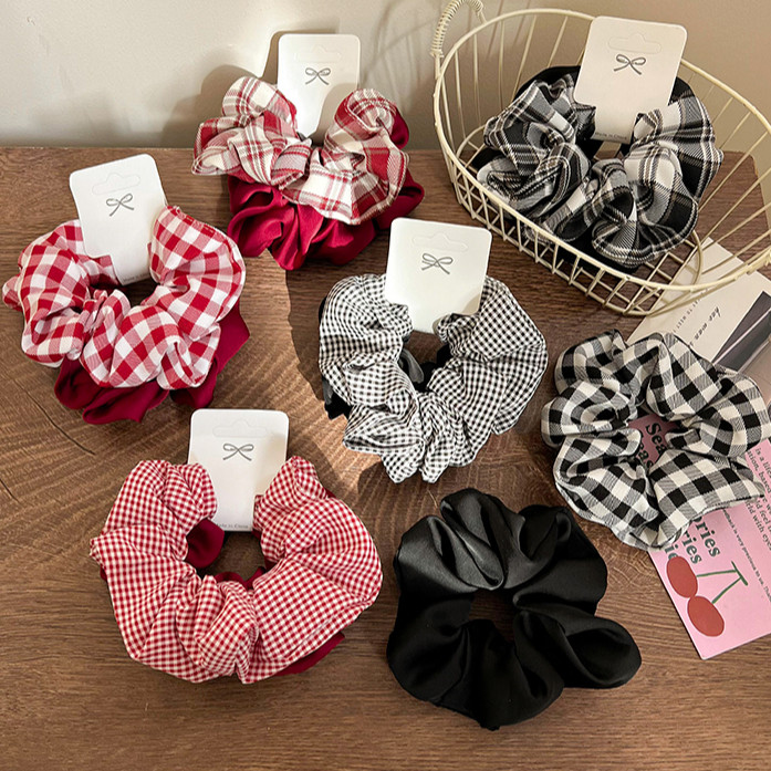 Vintage แฟชั่นสีดําสีแดงคลาสสิก Little Grid เชือกผม Scrunchies หางม้าผูกผม Headwear อุปกรณ์เสริมผม