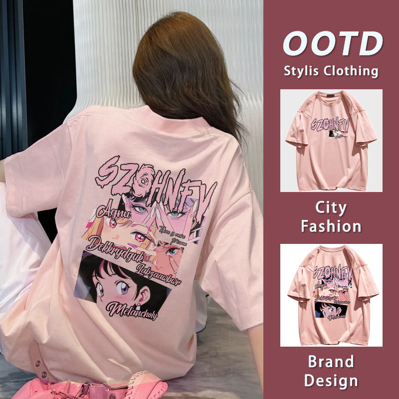 เสื้อยืดไซส์ ใหญ่ แขนสั้นผ้าฝ้าย คอกลม รูปแบบอะนิเมะ แฟชั่นเกาหลี ลายสองด้าน ระบายอากาศ ใส่สบาย YG899