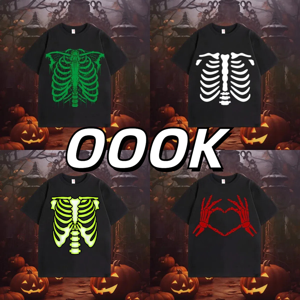 (จัดส่งตลอด 24 ชั่วโมง）OOOK Official เสื้อยืด โครงกระดูกจัมเปอร์ฮาโลวีนสีดำสีขาวซี่โครง Happy Halloween ไม่จำกัดเพศ