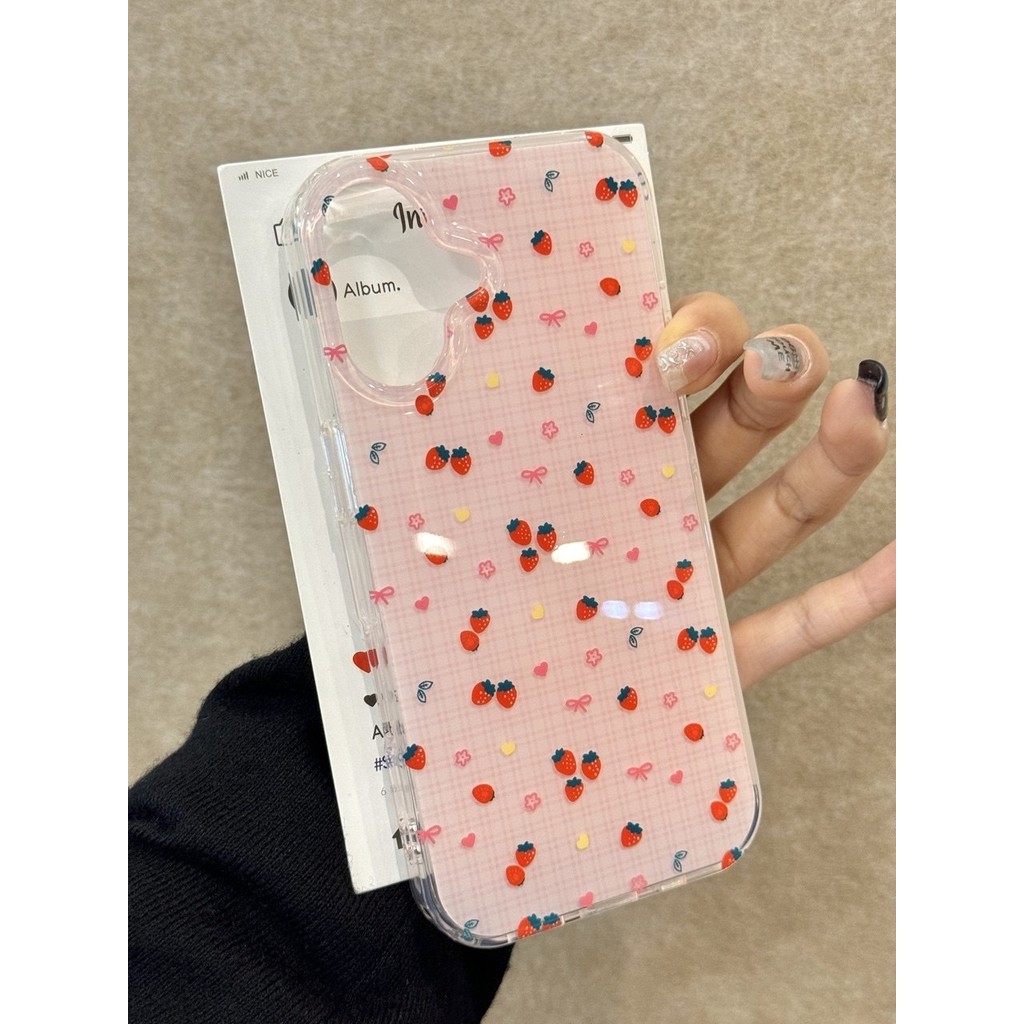 Imd ลายสก๊อตโบว์สตรอเบอร์รี่เหมาะสําหรับ iPhone16promax Apple 15pro เคสโทรศัพท์ 14 สองด้าน 13/12/11 NMM5