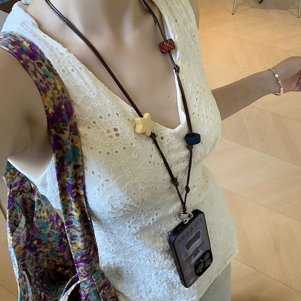 Huiwanju ลูกปัดดาวโทรศัพท์มือถือเชือกเส้นเล็กย้อนยุคส่วนบุคคลโซ่โทรศัพท์มือถือคอกล้อง ccd จี้ crossbody พร้อมขี้ผึ้งน้ํามัน