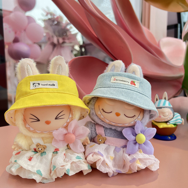 เสื้อผ้าขายเท่านั้น Labubu รถยนต์ผ้าม่านผ้า Heart-Moving Macaron ไวนิล Face กล่องตาบอด Plush นั่งรุ่นที่สองฤดูร้อนผ้ากอซกระโปรงหมวกเปลี่ยน