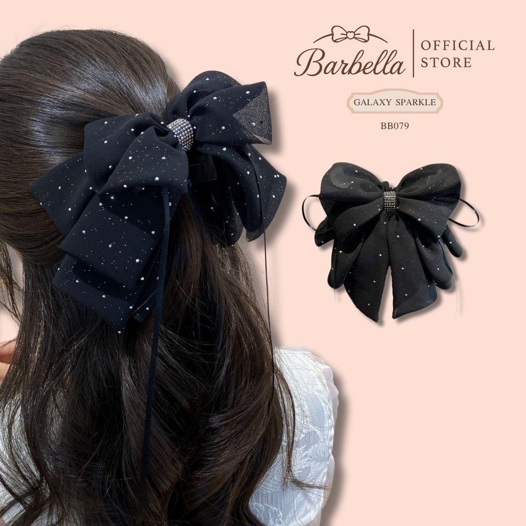 Barbella กิ๊บติดผม โบว์สีดำประดับไข่มุก กลิตเตอร์วิ้ง รุ่น Galaxy Sparkle (BB079)