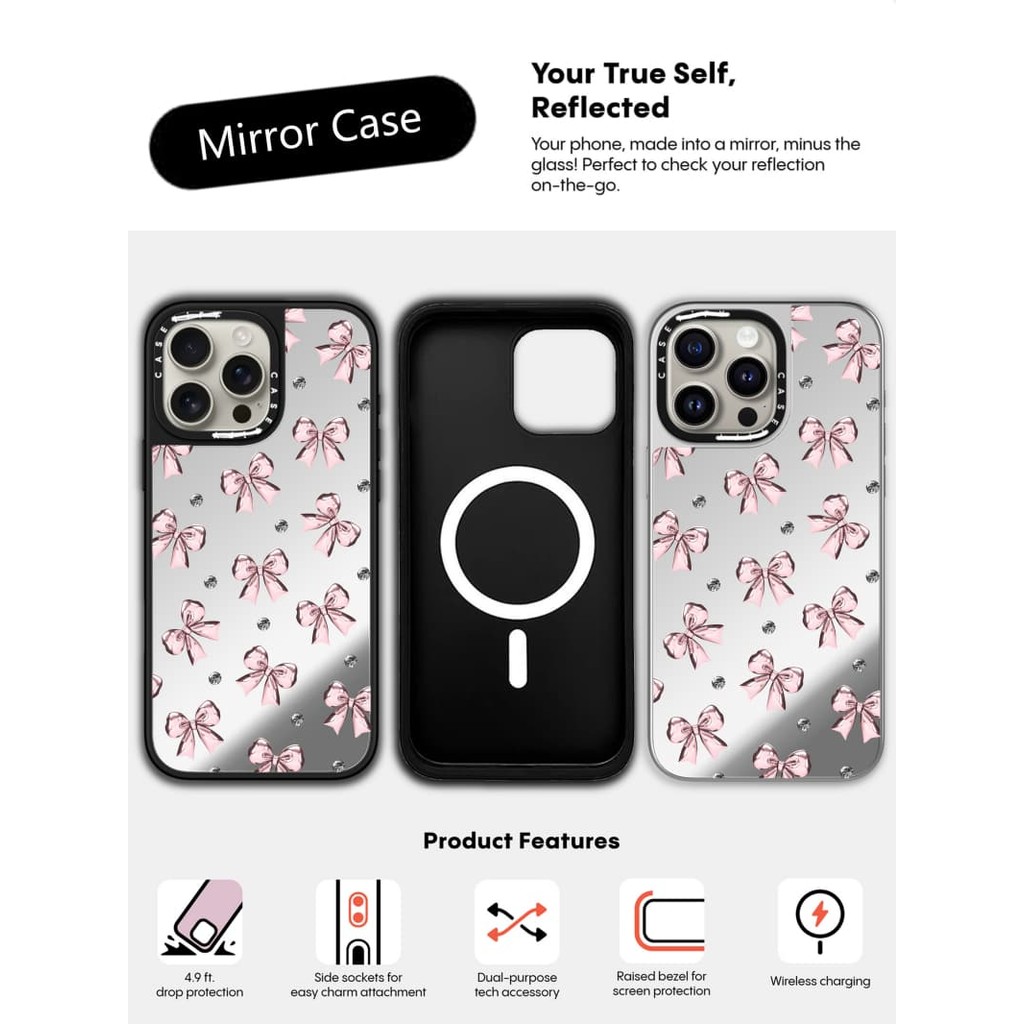 CASECASE X เคสริบบิ้นสีชมพูเมทัลลิคแม่เหล็กดูด Black & Sliver Mirror iPhone Case IPhone 16 15 14 13 12 Pro Max Plus Hard Back Case พร้อมกล่องแกะสลักโลโก้
