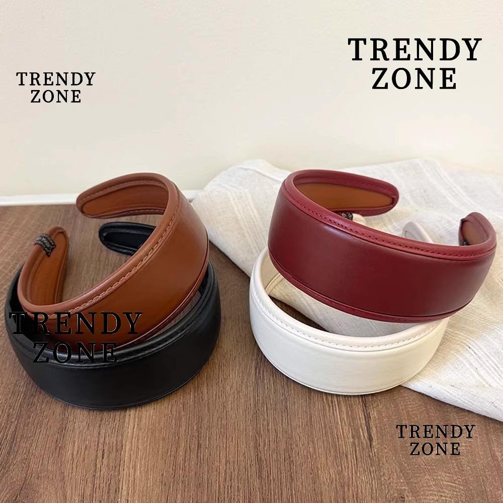 TRENDYZONE ผ้าโพกหัวกว้าง ที่คาดผมPU สีทึบ กันลื่น แฟชั่นสไตล์เกาหลี Elegant Retro สำหรับผู้หญิง