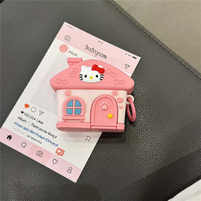 สามมิติการ์ตูนสีชมพู KT Cat House สําหรับ airpods 1 2 3 4 gen PRO pro2 กรณี Airpods4 เคสป้องกัน Airp