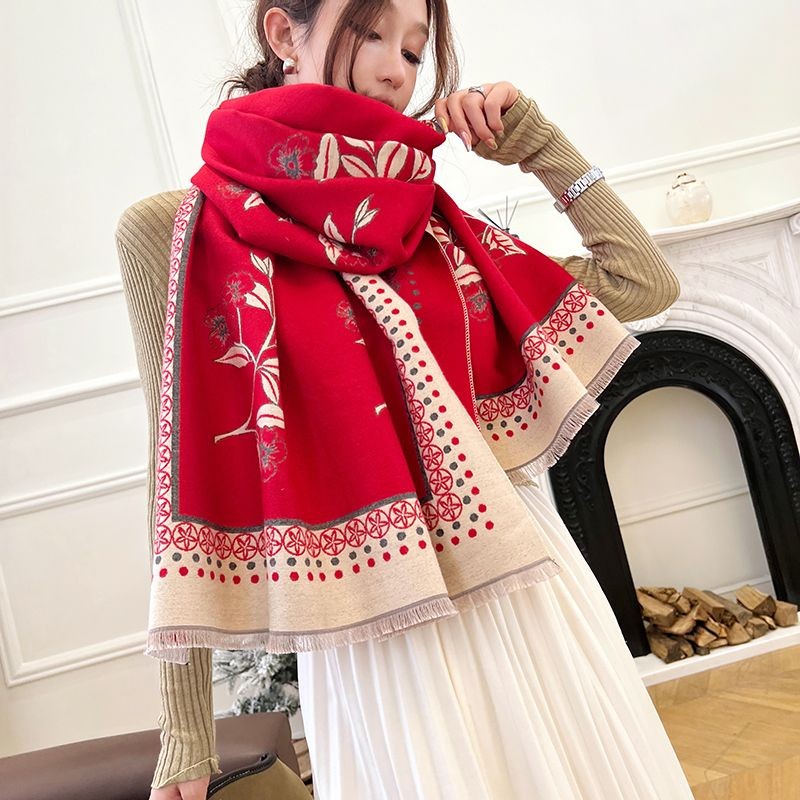 Fgf [ช่างฝีมือที่สวยหรู] ผ้าพันคอผู้หญิงฤดูใบไม้ร่วงฤดูหนาวสไตล์จีนทุกการแข่งขันหนาเลียนแบบแคชเมียร์