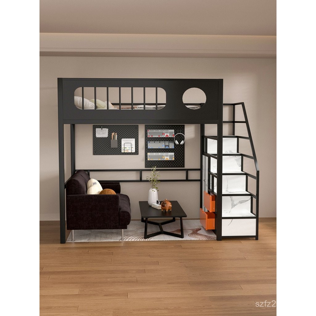 เตียงต่ําสูง Modern Loft Bed Compound Apartment 2nd ชั้น Small Apartment Iron Art ยกแผ่นเตียง Upper 