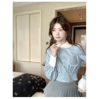 mimididi#เสื้อครอปคอปกการเย็บลูกไม้ เสื้อเชิ้ตลายทาง เอวเข้ารูปมีปกและแขนยาว น่ารักทรงสลิมฟิตสำหรับผู้หญิง#99111