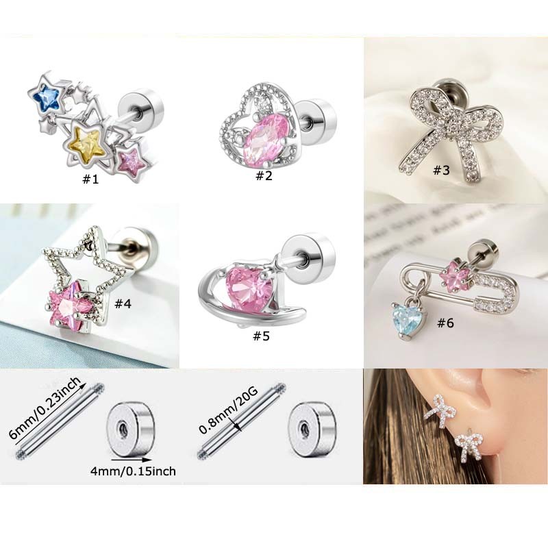 ต่างหูสตั๊ดทรงโบว์คล้องหูแบบเรียบ สแตนเลสและไซร์โคเนีย เหมาะสำหรับเจาะLOBEหรือHelix