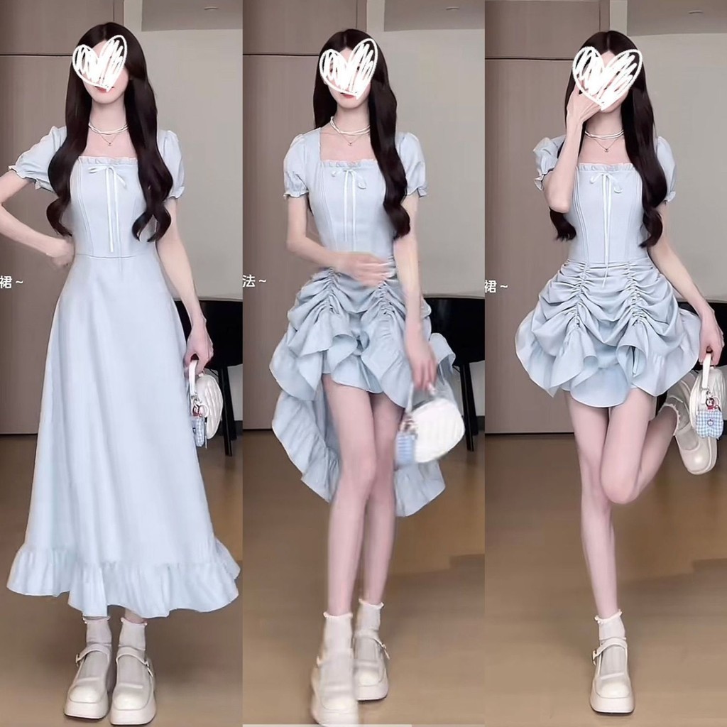 [พร้อมสต็อก] ชา หยุดพัก สไตล์ฝรั่งเศสอารมณ์สีฟ้าสแควร์คอชุดผู้หญิงฤดูร้อนสไตล์ใหม่กลางความยาวสไตล์สามารถสวมใส่สามแคบเอว ผอมลง ดูกระโ#茶歇法式气质蓝色方领连衣裙女夏季新款中长款可三穿收腰显瘦裙子
