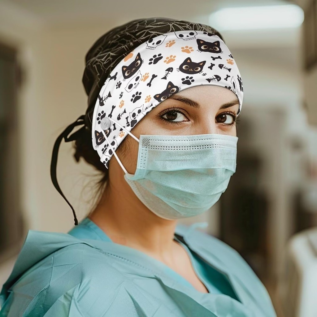 Nurse Headbands with Buttons for Mask, Cute Black Cat Nursing Headbands for Women, Non-Slip Workout 