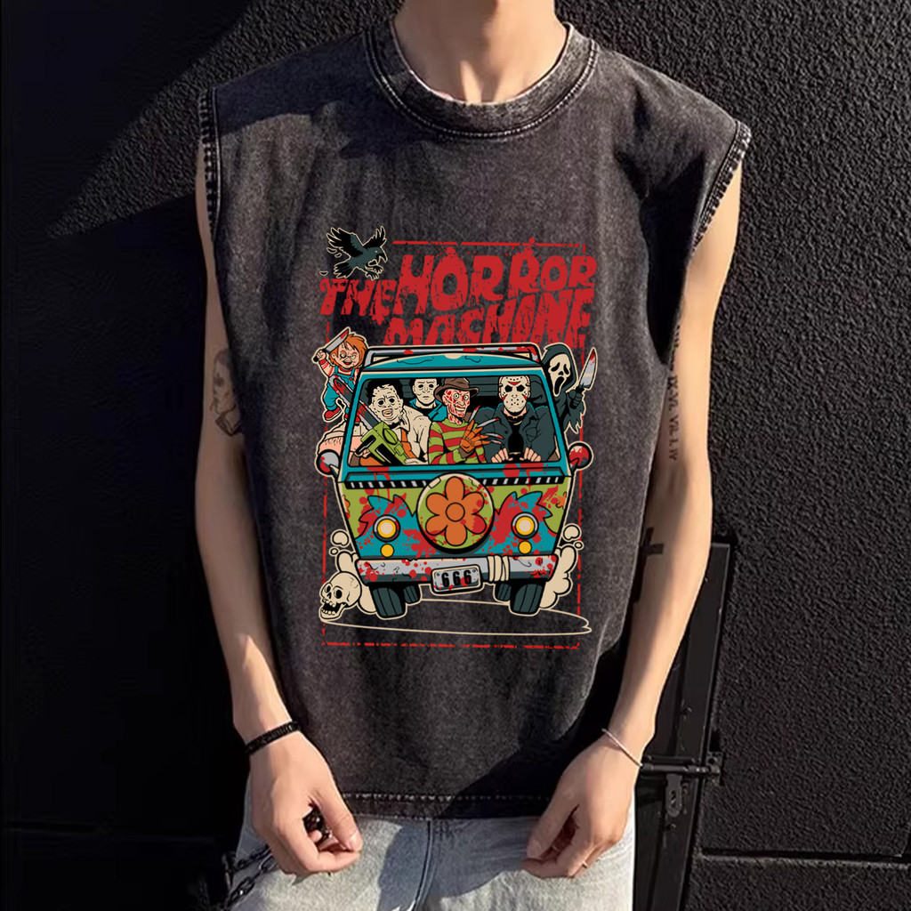 Y-T เสื้อยืดชาย เสื้อกล้าม แขนกุด สวมใส่สบาย ผ้าฝ้าย100% คุณภาพสูง ลาย "horror machine" ไม่ต้องรีดผ้า สไตล์ลำลอง