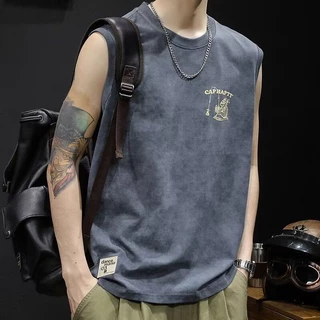 EERSHENSHI เสื้อกั๊กผู้ชายคอกลมเสื้อยืดแขนกุดพิมพ์ลายชายเสื้อที่เสียหาย
