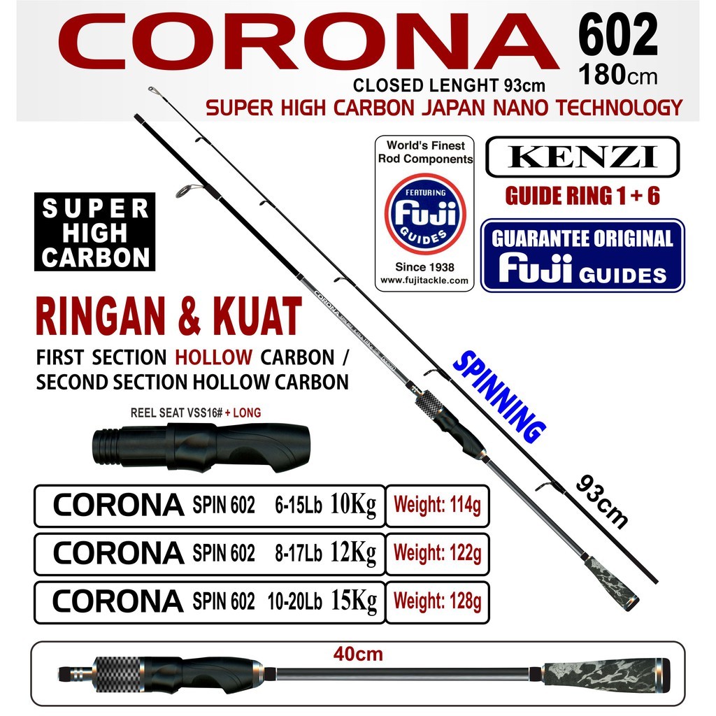 KENZI CORONA 602 SPINNING Hollow Carbon Full Fuji Guides 6-15lbs 8-17lbs 10-20lbs HX Casting