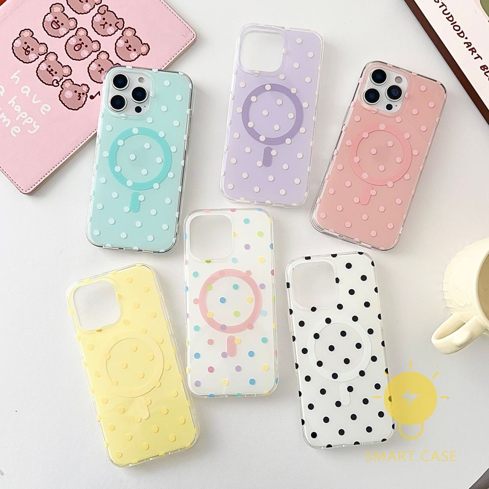 For เคสไอโฟน 16 Pro Max Magnetic Polka Dot เคส Phone Case For iPhone 16 Pro Max 15 14 13  For เคสไอโฟน11Ins Korean Style Retro Classic Couple Shockproof Protective TPU Cover Shell