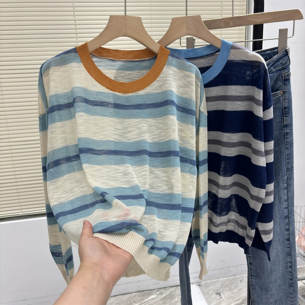 เสื้อยืดแขนยาวลายทางสไตล์เรียบง่ายสำหรับผู้หญิงในฤดูร้อน