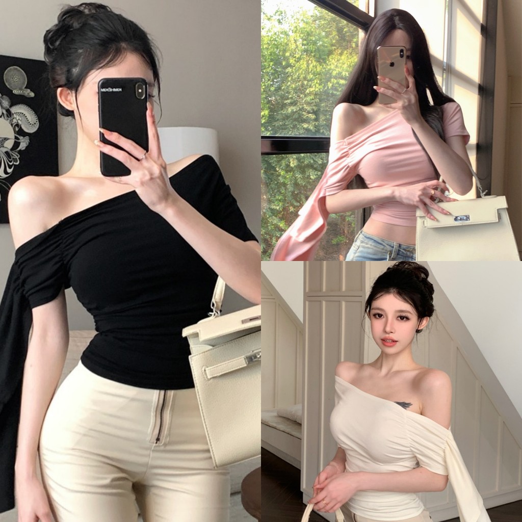 🍋Evelyn🍋เสื้อแขนสั้นเปิดไหล่ สีทึบ slim fit ผ้าเนื้อนุ่ม ด้วยริบบิ้น เสื้อเชิ้ตผู้หญิง แฟชั่นสไตล์ใหม่ ส่งไวจากไทย