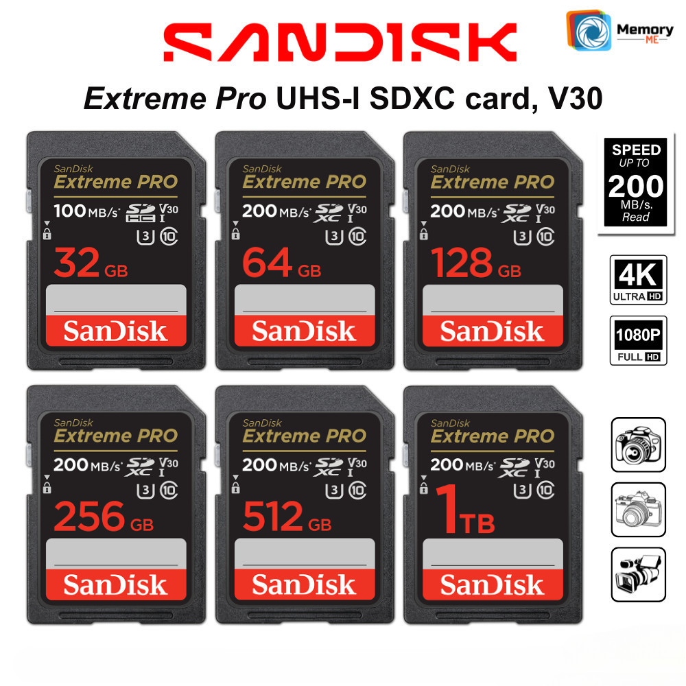 Sandisk Extreme Pro SD UHS-l Card (Speed up to200MB/s) 32GB/64GB/128GB/256GB/512GB/1TB