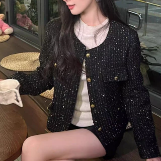 เสื้อคลุม ผ้าแจ็กการ์ด เสื้อแขนยาว สีดํา ผู้หญิง แจ็คเก็ต มีกระเป๋า คาร์ดิแกน กระดุม ด้านหน้า XXL