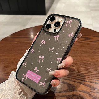 เคส iPhone 16 Pro Max iPhone 11 เคสใสแบบแวววาว TPU นุ่มสีสันสดใส หัวใจและโบว์สีชมพูน่ารัก Compatible iPhone15