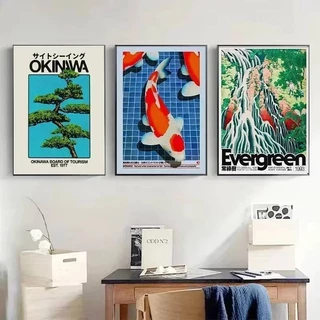 Vintage Japan Okinawa Prefecture เดินทางบทคัดย่อโปสเตอร์ผ้าใบโชคดีสัตว์ Koi ตกแต่งบ้านสมัยใหม่ศิลปะแขวนภาพวาด