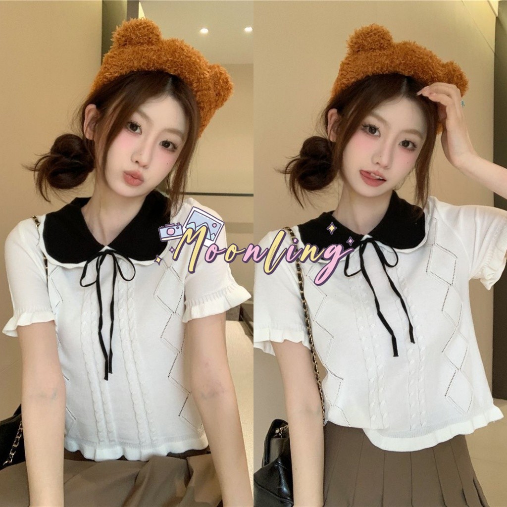 Cilset🛒พร้อมส่ง🎀 เสื้อยืดไหมพรม คอปก แขนสั้น ผ้าบางเบา ดีเทลลายผ้าผูกโบว์ สไตล์เกาหลี /MT717-1
