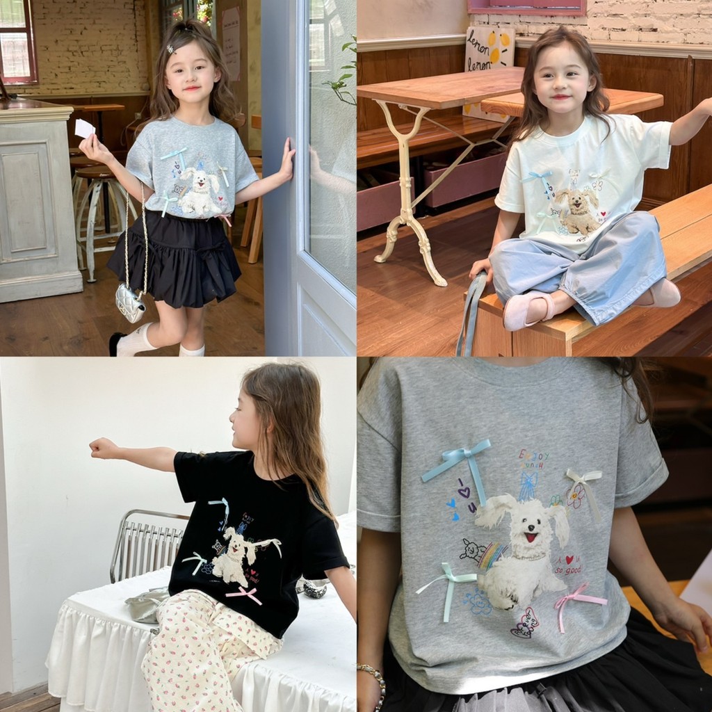 PRETTY BABY เสื้อยืดเด็กผู้หญิง เสื้อยืดลายน้องหมา แต่งโบว์ แฟชั่นเด็ก(1698)