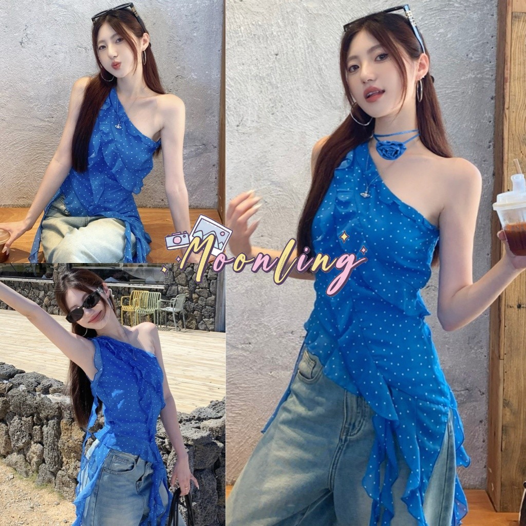 🌜Moonling🌛พร้อมส่งจากไทย ใหม่ เสื้อกล้าม ดีเทลลายข้างเดียว น่ารักๆ สีน้ำเงินลายจุด ดีเทลปลายหยักเก๋ๆ *FY2908*