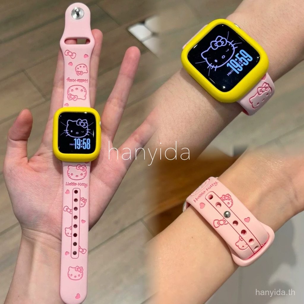 น่ารัก KT cat สายซิลิโคนสําหรับ iWatch 10 + เคสซิลิโคนสําหรับ Apple Watch Series 9/8/7/6/5/4/SE/Ultra 2 ขนาด 49, 46, 45, 44, 42, 41, 40, 38 มม