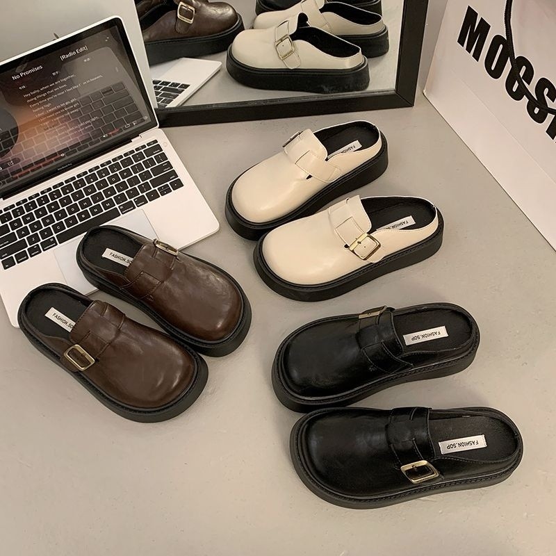 สุภาพสตรีครึ่งรองเท้าแตะหนัง Soled หนา Baotou 2025 ฤดูใบไม้ผลิฤดูร้อน Heelless ขี้เกียจผู้หญิง