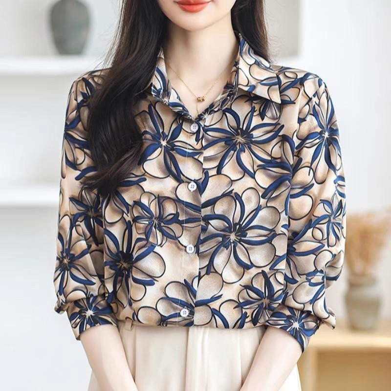 Red Berry เสื้อเชิ้ตผ้าชีฟองพิมพ์ลายผู้หญิงฤดูใบไม้ผลิ 2025 แฟชั่นระดับไฮเอนด์ W522