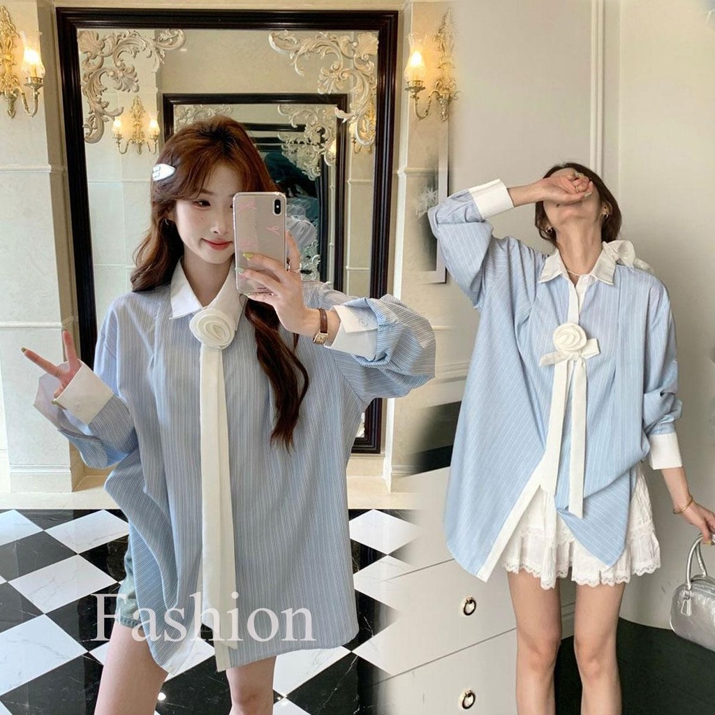 Dahong 💖 w636 เสื้อเชิ้ตแขนยาวผู้หญิงแฟชั่น  ลายทาง งานเกาหลีมากก สาวหวาน  Y2k เก็บทรงดี ผ้าสวย