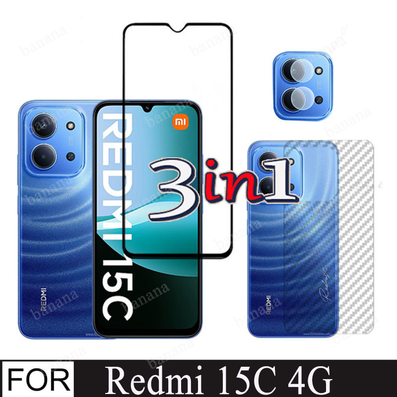 3 in 1 กระจกนิรภัยสําหรับ Redmi 15C 14C ป้องกันหน้าจอสําหรับ Redmi15C กระจกด้านหน้ากลับฟิล์มกล้องเลนส์ Protector