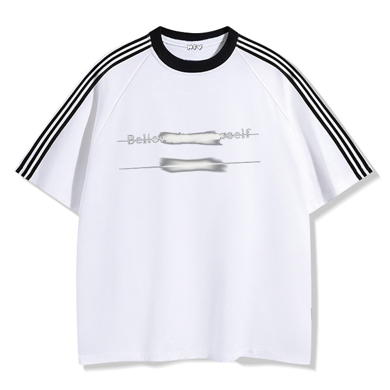 NFV เสื้อยืดคอกลมแขนสั้นลายข้าง 3 ขีด แฟชั่นเกาหลี ลายพิมพ์เส้น ใส่สบาย ผ้าฝ้าย ทรงหลวม YG225 ราคา ถูกที่สุด ดีลบีเคเค แกลเลอรีภาพที่ 8