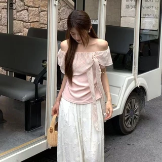 Veewink พร้อมส่งจากกรุงเทพฯ เสื้อสีฟ้าผู้หญิงน่ารักๆ แขนจีบ เสื้อแขนสั้นเอวลอย ลายสีตัดกัน ทรงกระชับตัว