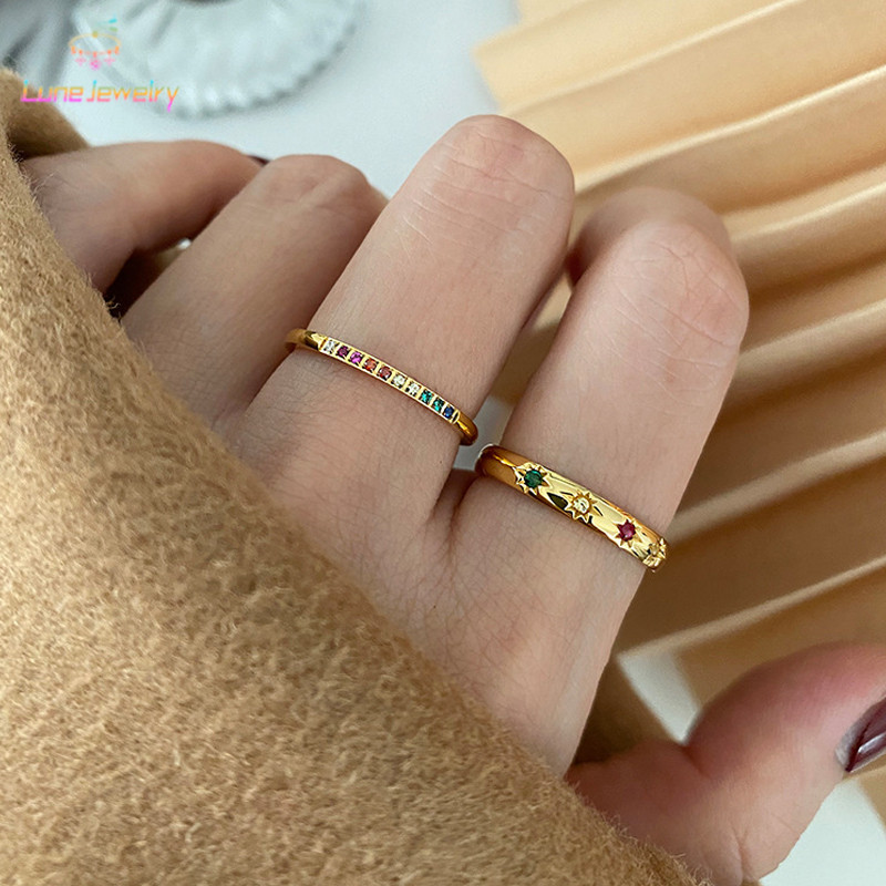 COD💖Cool Style Colorful Zircon Ring Diamond Inlaid Star Niche Design Female Gold-Lune