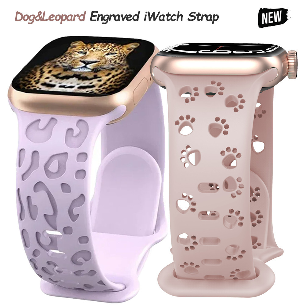 แกะสลักสุนัข Paw สายซิลิโคน Leopard Band เข้ากันได้กับ i Watch Series 9 8 7 6 5 4 3 SE Apple Watch 40 42 44 45 49 มม.