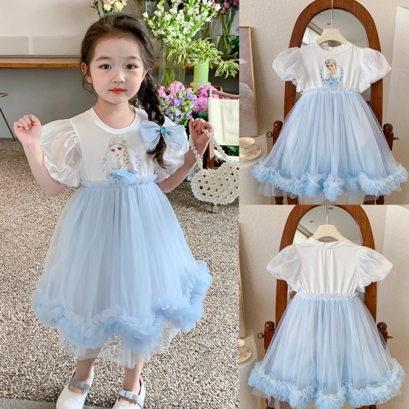 เด็กทารกหญิง Ruffled puffs ชุดตาข่ายเด็กฤดูร้อน Frozen Elsa เจ้าหญิงพิมพ์กระโปรง
