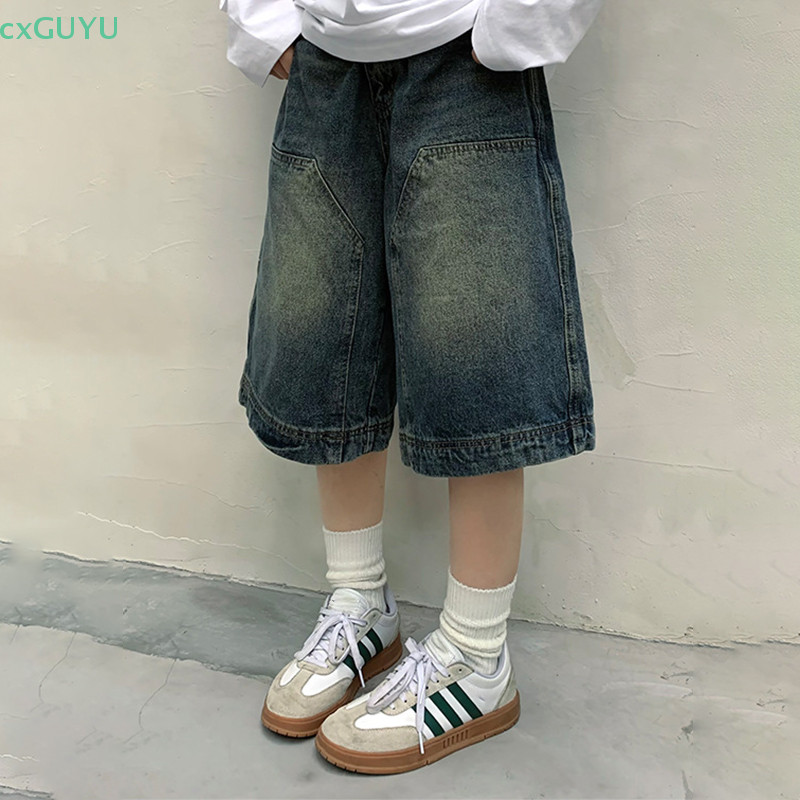 [cxGUYU] Y2k Vintage Baggy Jean Shorts Womens Washed Wide Leg Capri Pants Casual Barrel Jeans Denim 
