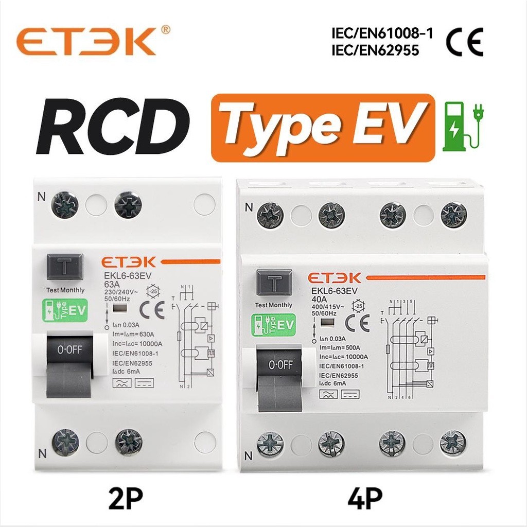 ⁂ETEK RCCB Type EV 2P 4P Earth Leakage Circuit Breakers for Car Evse Chargeing Station RCD 40A 63A 3
