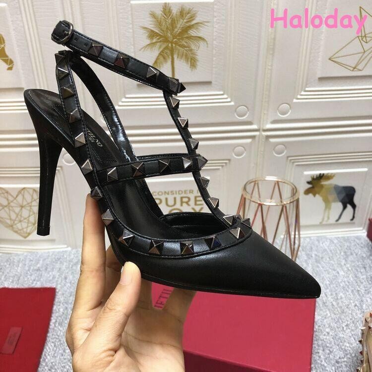 รองเท้าผู้หญิงคุณภาพสูง✨34-43 ขนาดใหญ่ 10 ซม. Rivets Pointed Toe ส้นสูง Stiletto Toe-Covered Laced-Up สีดํา Liuding รองเท้าแตะแฟชั่นรองเท้านักเรียน DIYM