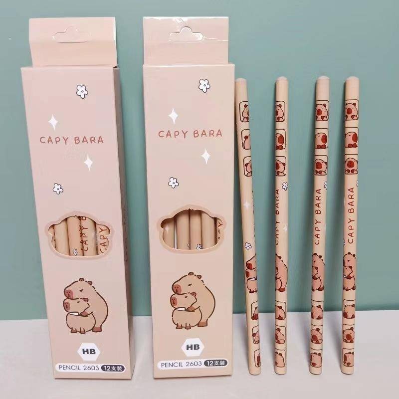 12 ชิ้น/กล่องอะนิเมะการ์ตูน Capybara ดินสอไม้ธรรมชาติ 2B HB สีดําตะกั่วไม้เขียนดินสอสํานักงานโรงเรียนเครื่องเขียนของขวัญวันเกิด