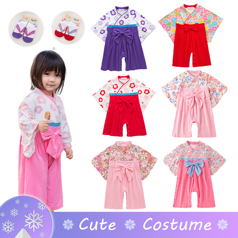 น่ารักสีชมพูสีม่วงญี่ปุ่นกิโมโนสําหรับสาว Onesie Jumpsuit แขนยาวพิมพ์เด็ก Romper ของขวัญวันเกิดชุดชุด