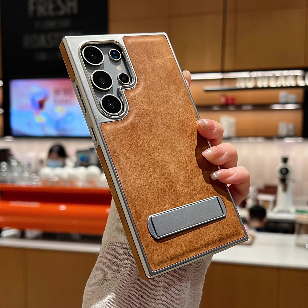 Samsung Galaxy S24 S23 Ultra-luxury Electroplated Leather Bracket เคสโทรศัพท์มือถือ S22 Plus วงเล็บโลหะที่มองไม่เห็นปกแข็งกันกระแทก