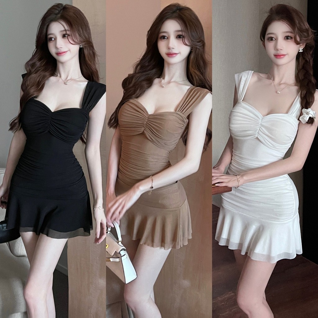 ชุดเดรสตาข่ายเซ็กซี่ตัดต่ําขอบน่าระทึกใจห่อสะโพกเอวจีบชุดแขวน4380