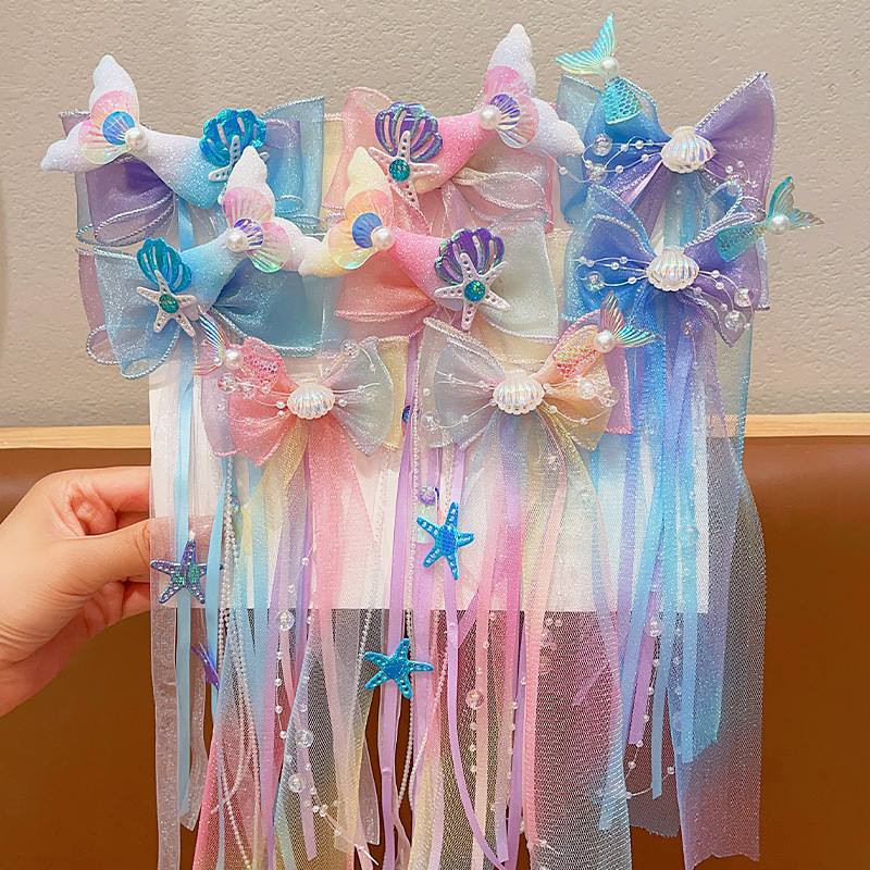 เครื่องประดับผมเด็กผู้หญิง Mermaid barrettes Cartoon SHELL starfish headdress Children's Bow Ribbon hairpin